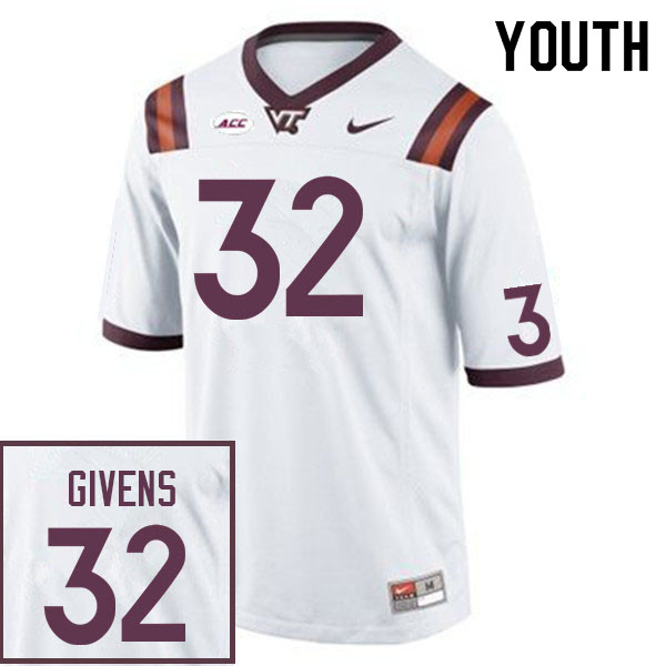 Youth #32 Gunner Givens Virginia Tech Hokies College Football Jerseys Sale-White - Click Image to Close